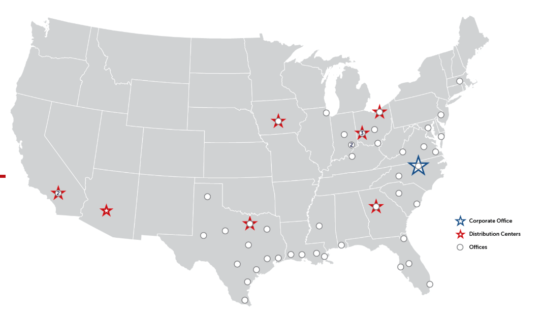 Map of the United States showing JF Petroleum's corporate office, distribution centers and branch offices.